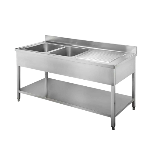 שולחן נירוסטה עם כיור כפול בצד שמאל 1400x700x850 + 100