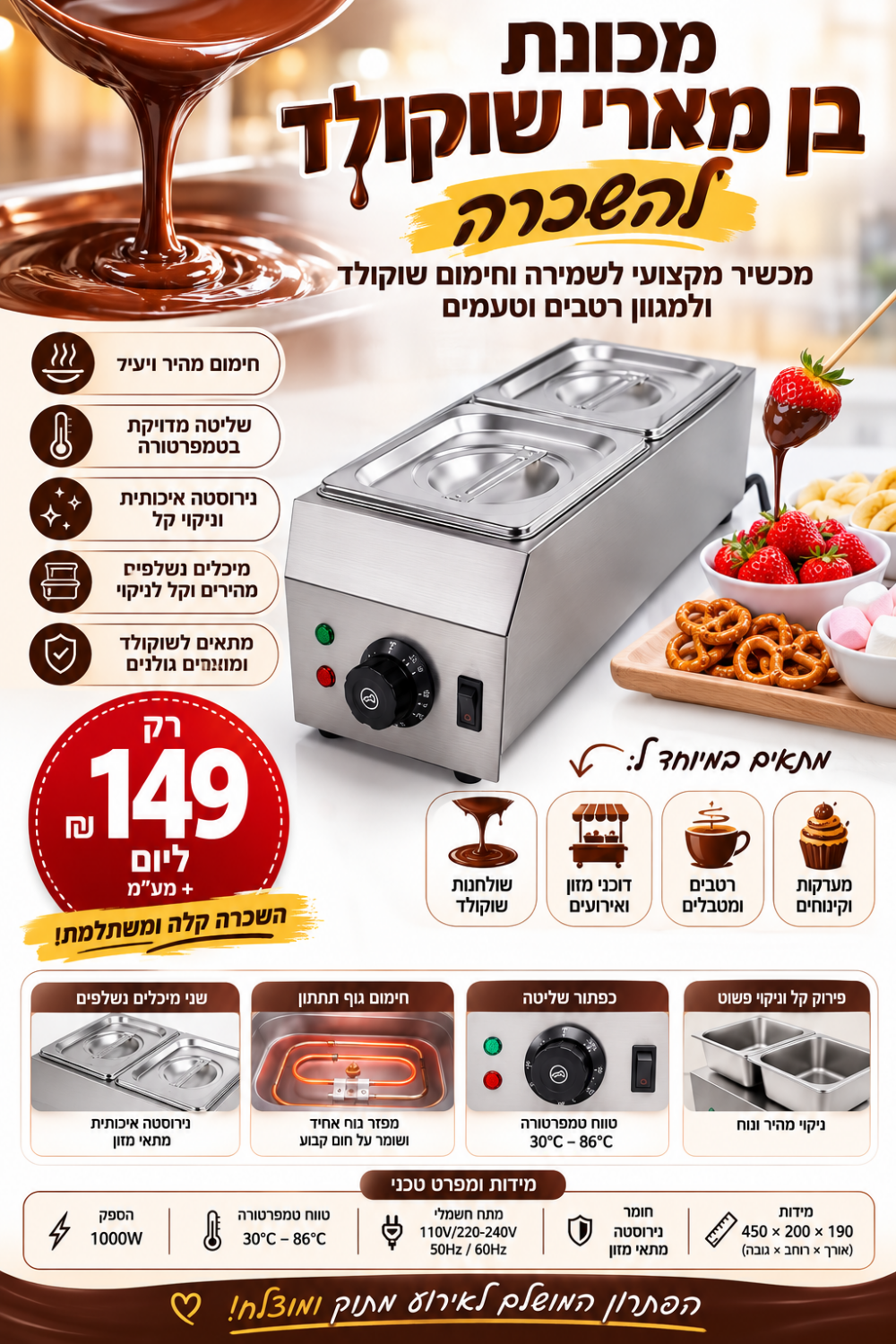 בן מארי שוקולד להשכרה - מכונת פונדו ושוקולד חם מקצועית
